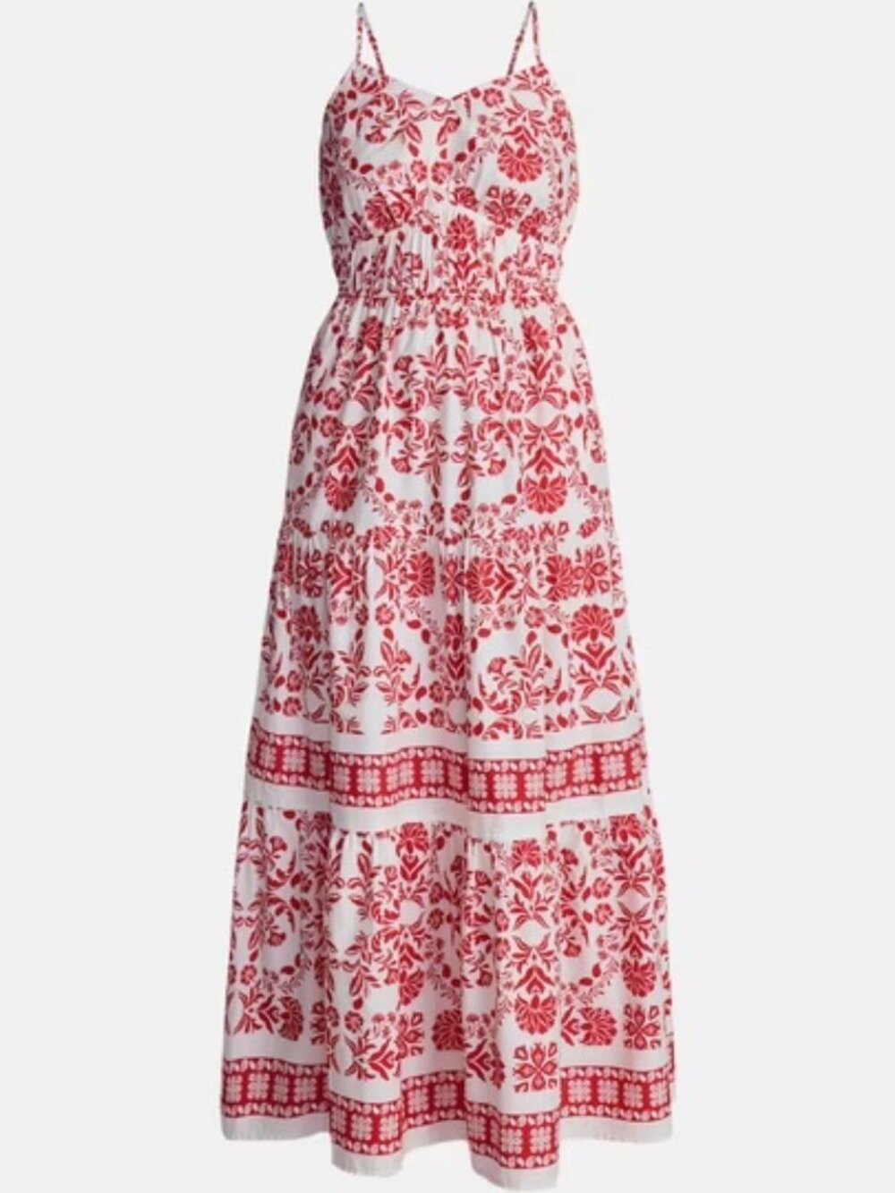 Excellent Condition, SZ M (8-10) 100% COTTON, Tiered Maxi Dress, Red Print